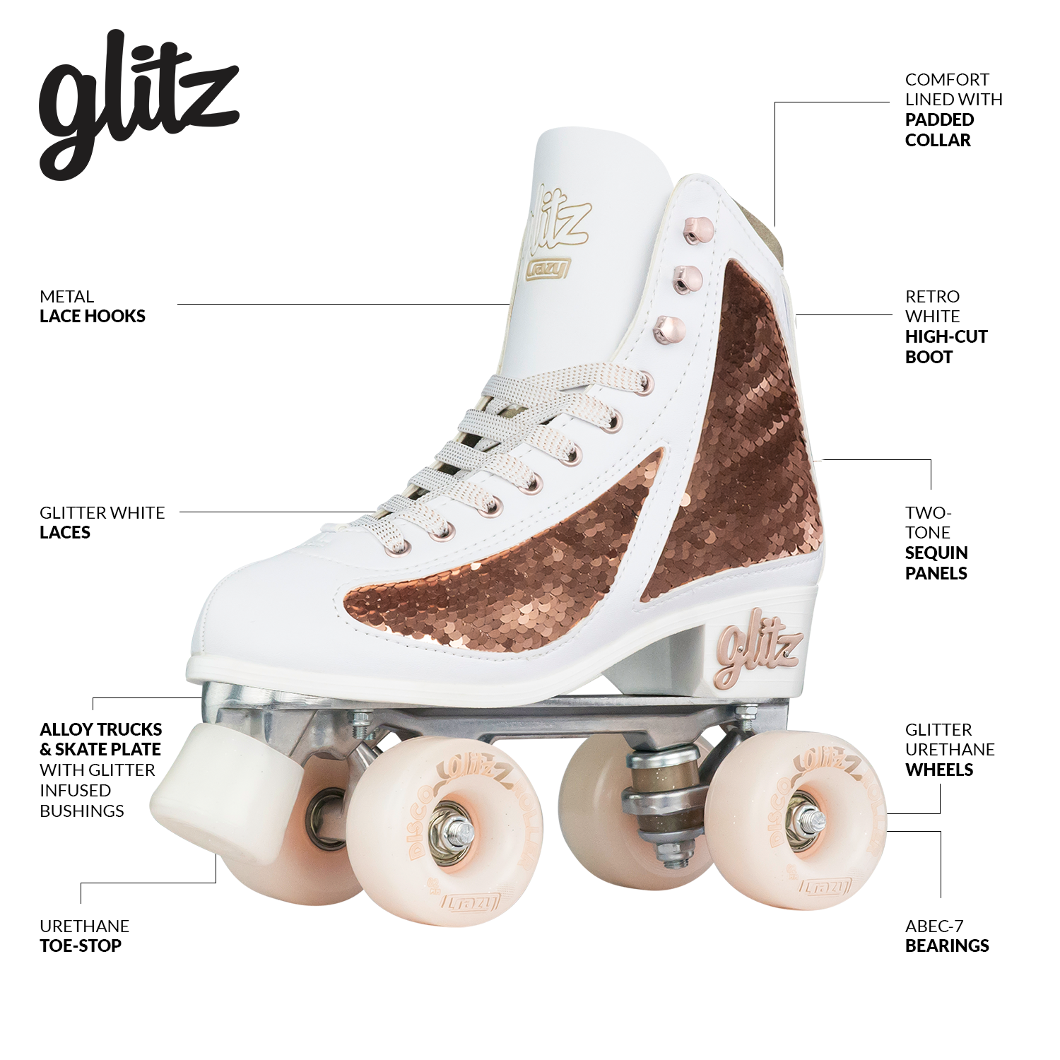 Crazy Glitz Sequin Fashion Roller Skates  - ROSE GOLD Crazy Glitz Sequin Fashion Roller Skates  - ROSE GOLD